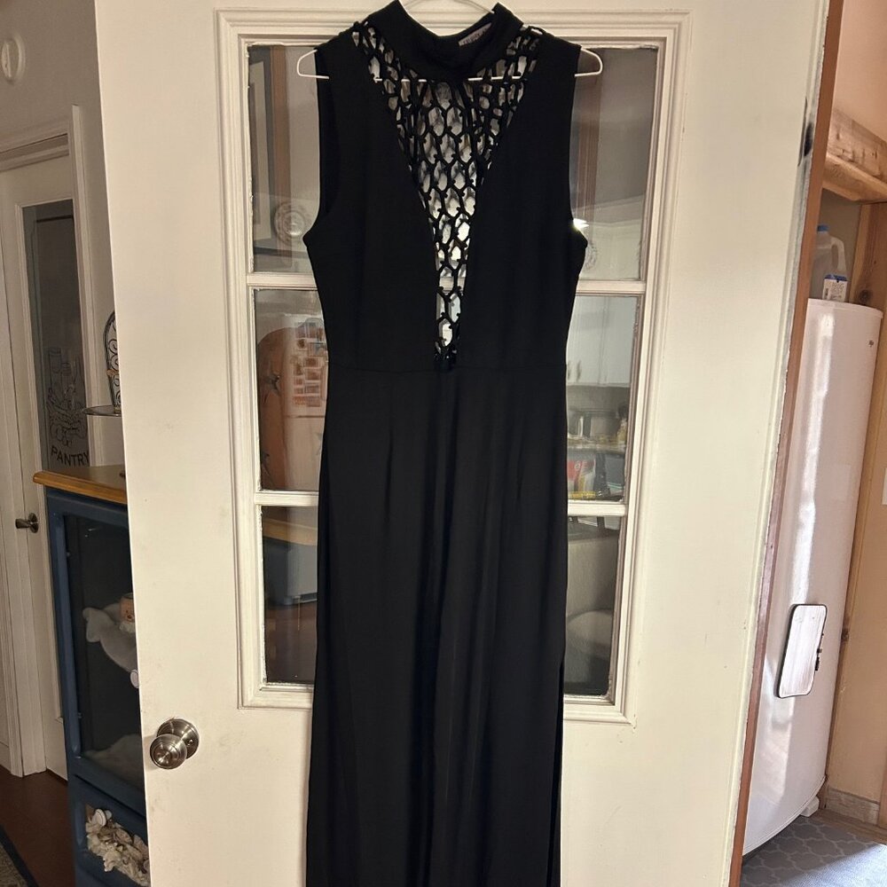 Fashion Nova Black Sleeveless Lace Top Jumpsuit, Size L